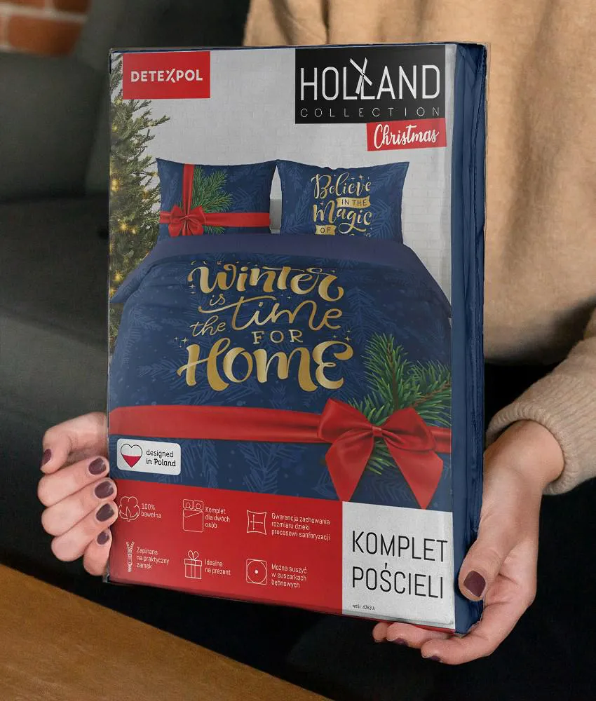 Pościel świąteczna 160x200 4263 A         granatowa czerwona kokarda bawełniana Holland Święta 2022