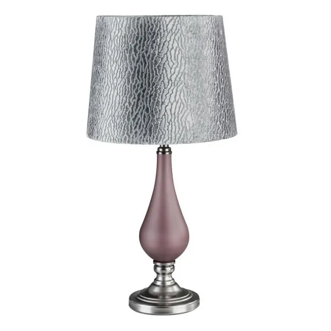 Lampa stołowa Anja 33x36 srebrna fioletowa z podstawą z mrożonego szkła i welwetowym abażurem z wytłaczanym wzorem styl nowoczesny klasyczny glamour