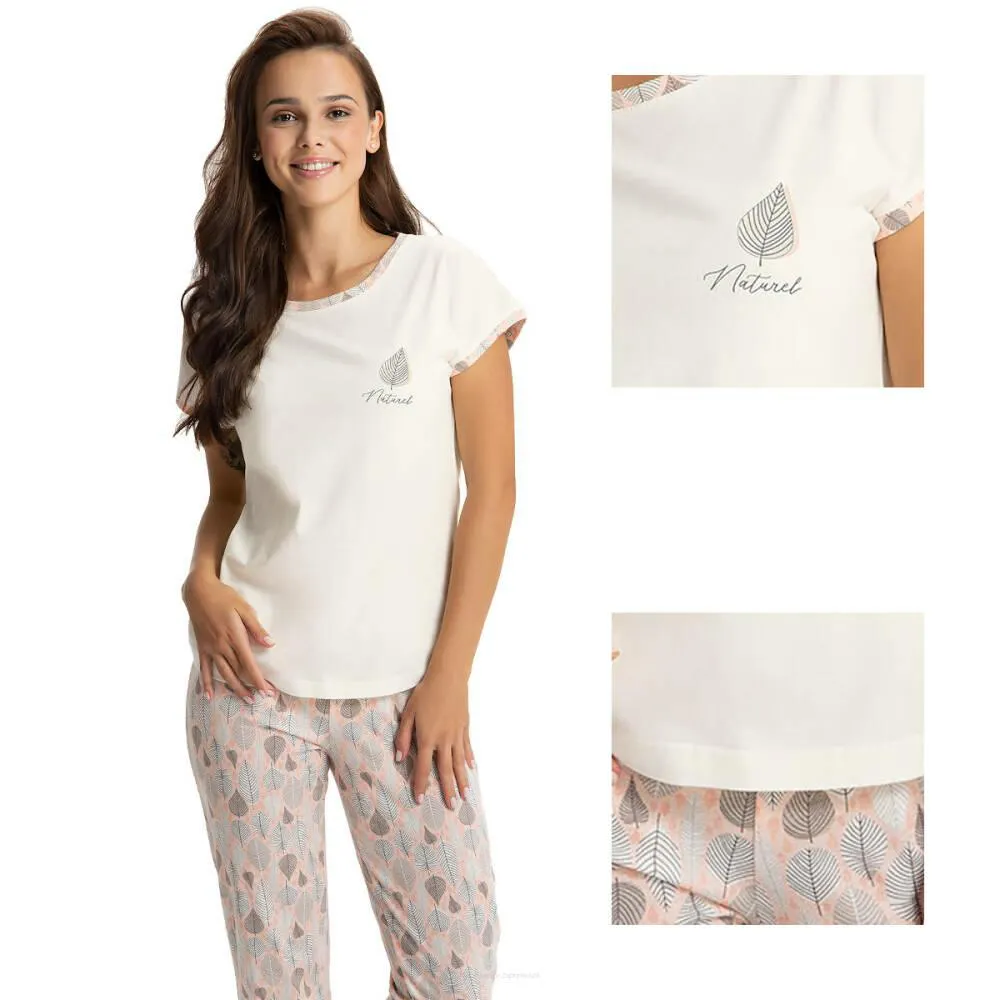 Piżama damska 690 ecru listki XL krótki rękaw spodnie 3/4 bawełniana