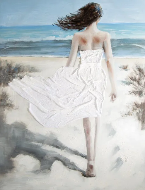 Obraz Cyntia 1 90x120 ręcznie malowany dziewczyna w białej sukience na plaży Eurofirany