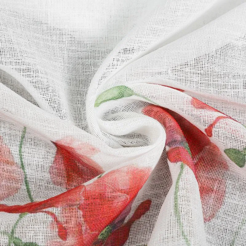 Zazdroska 60x150 Mari biała czerwona gotowa na tunel wzór kwiatowy maki z matowej tkaniny z koronką Eurofirany