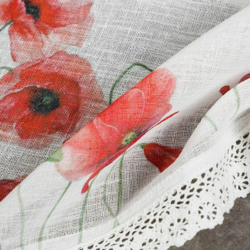 Zazdroska 60x150 Mari biała czerwona gotowa na tunel wzór kwiatowy maki z matowej tkaniny z koronką Eurofirany