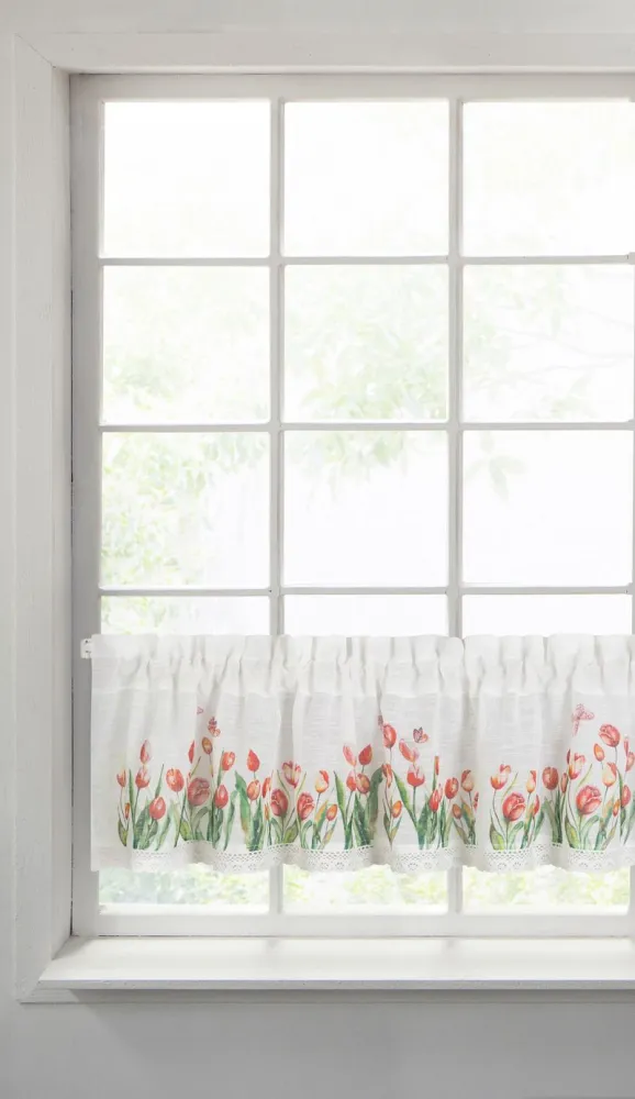 Zazdroska 30x150 Stella biała czerwona gotowa na tunel wzór kwiatowy tulipany z matowej tkaniny z koronką Eurofirany