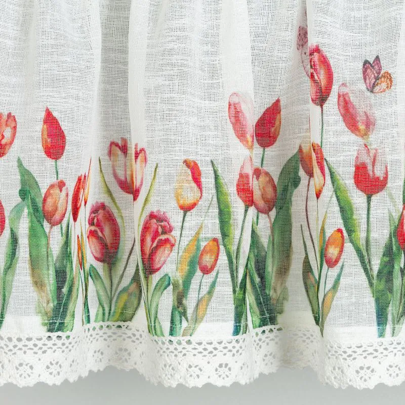 Zazdroska 30x150 Stella biała czerwona gotowa na tunel wzór kwiatowy tulipany z matowej tkaniny z koronką Eurofirany