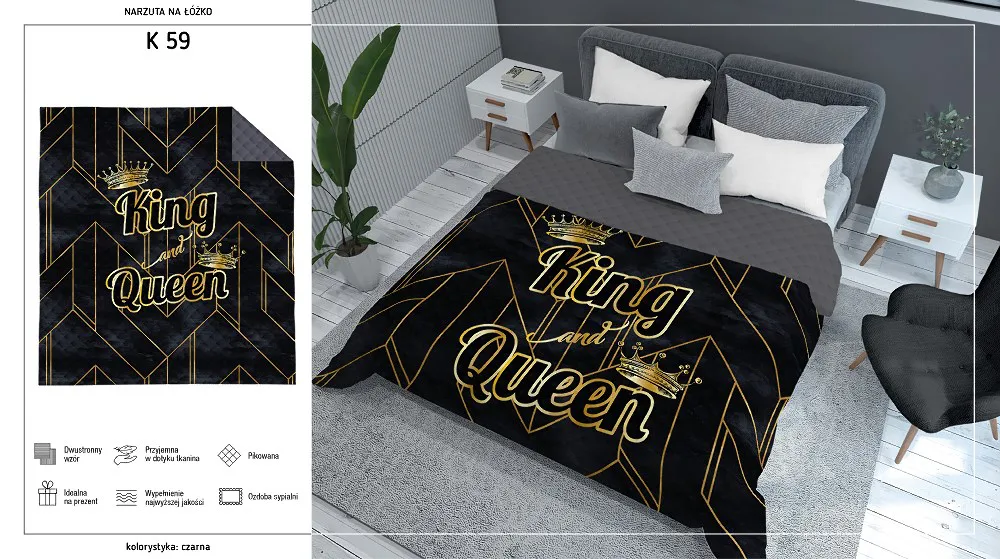 Narzuta dekoracyjna 170x210 King&Queen Król Królowa czarna złota szara K_59 112 Bedspread