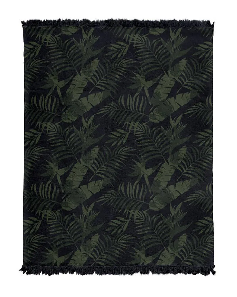 Koc bawełniany akrylowy 150x200 czarny    zielony liście palmy z frędzlami 113jb