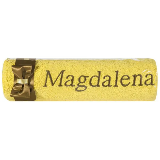 Ręcznik z haftem 50x90 Magdalena żółty brązowa kokarda na prezent imieninowy