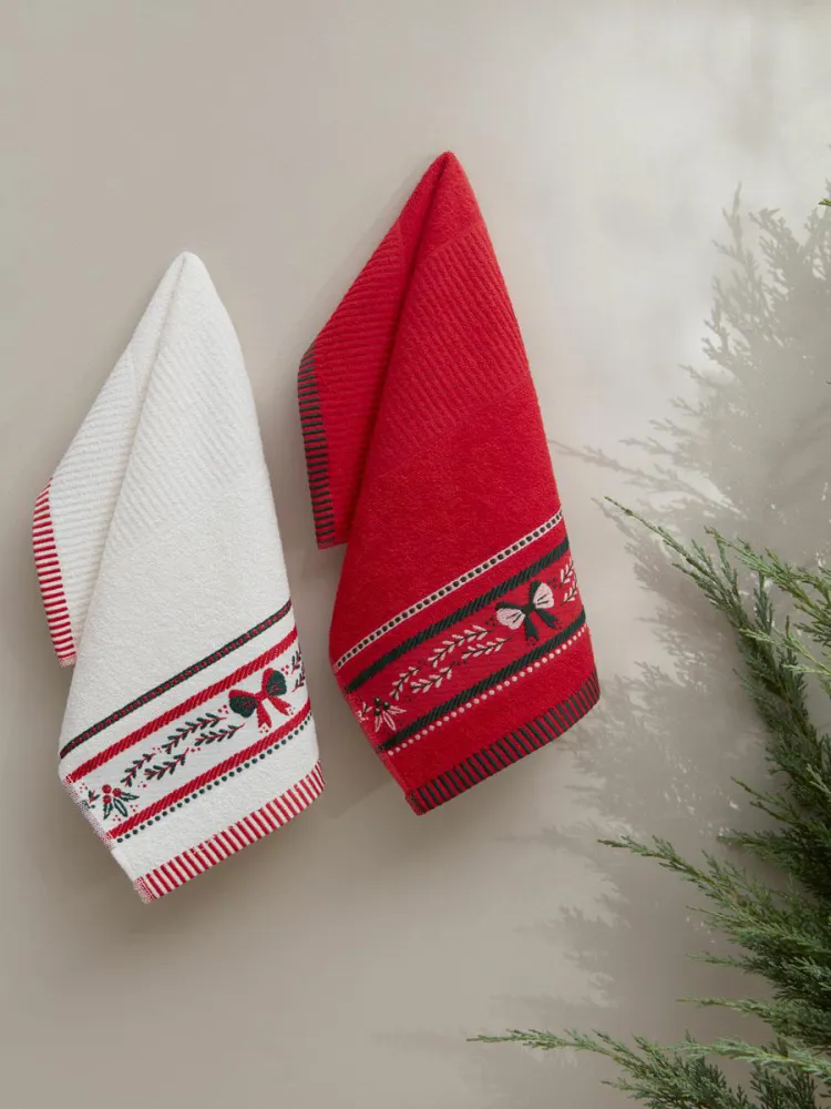 Komplet ręczników 30x50 Christmas 3574 V3 świateczny 2 szt. biały czerwony kokardki bawełniany haftowany
