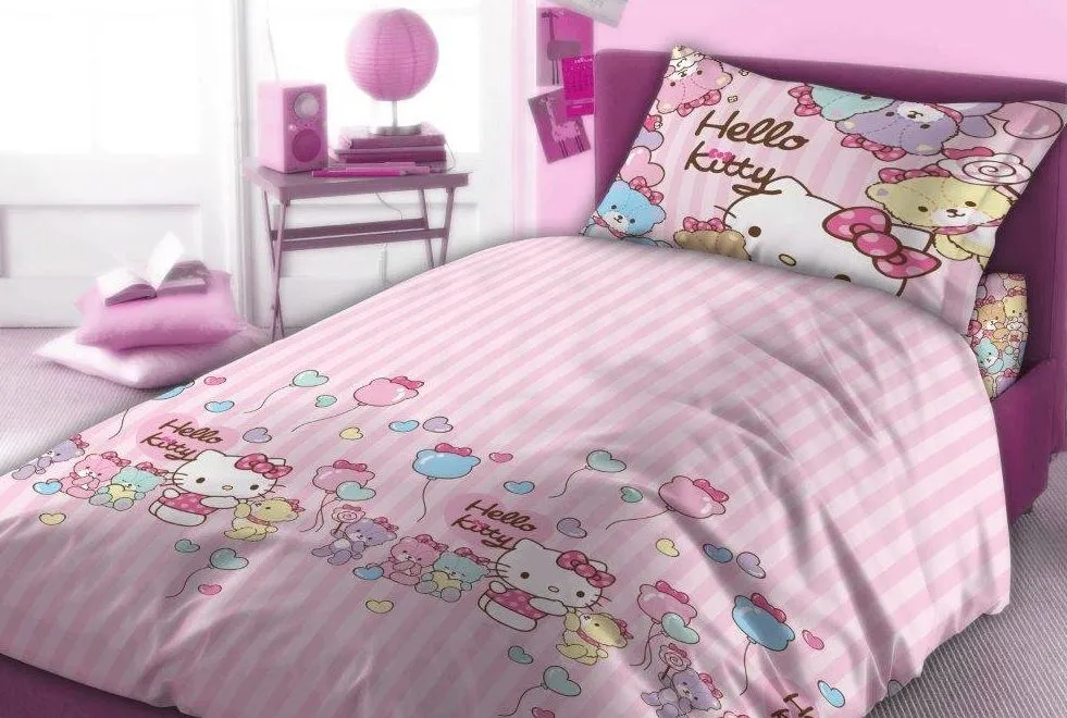 Pościel dziecięca 160x200 Hello Kitty flanelowa na guziki różówa kolorowe baloniki 3955