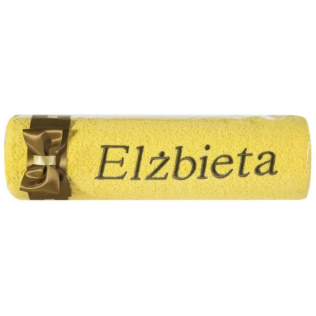 Ręcznik z haftem 50x90 Elżbieta żółty brązowa kokarda na prezent imieninowy