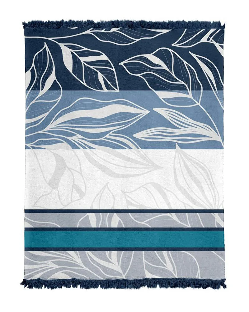 Koc bawełniany akrylowy 150x200 szary     biały niebieski liście pasy z frędzlami 120jb