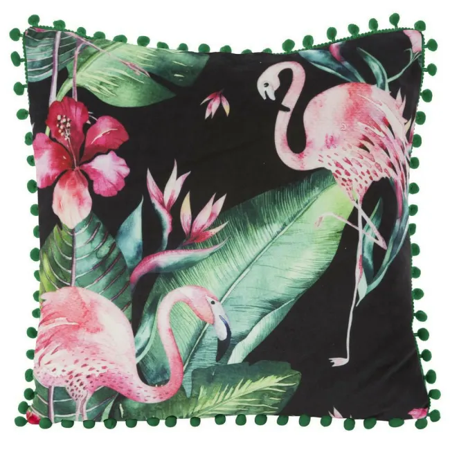 Poszewka dekoracyjna 45x45 Hawai flamingi egzotyczne liście kwiaty czarna zielona różowa pompony welwet