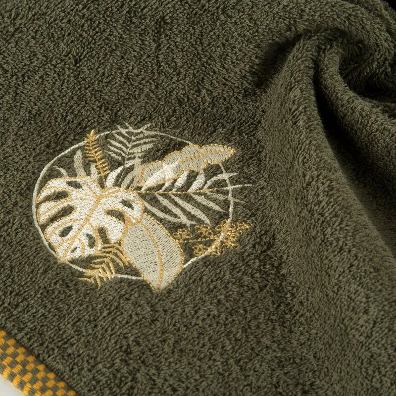 Ręcznik Palms 50x90 oliwkowy 500 g/m2     z haftem i ozdobną bordiurą Eurofirany