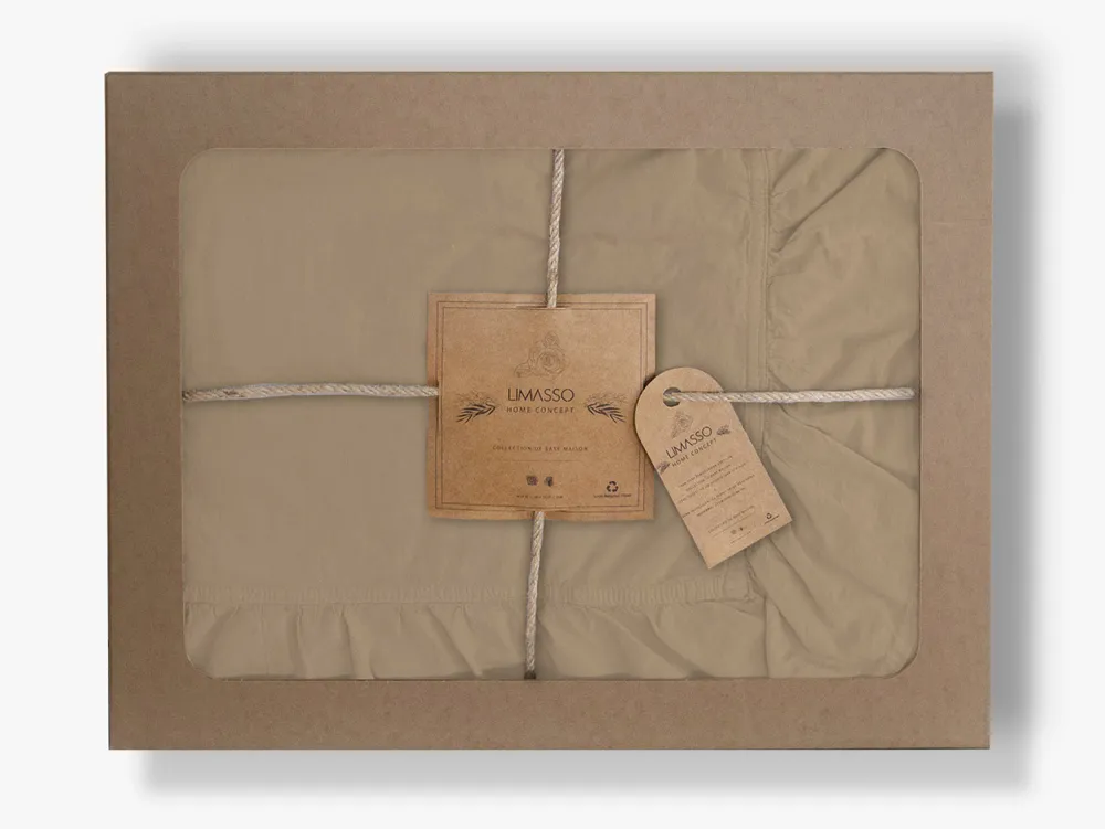 Pościel bawełniana 200x220 beżowa z falbanką w pudełku jednobarwna Stonewashed Akdeniz Beige