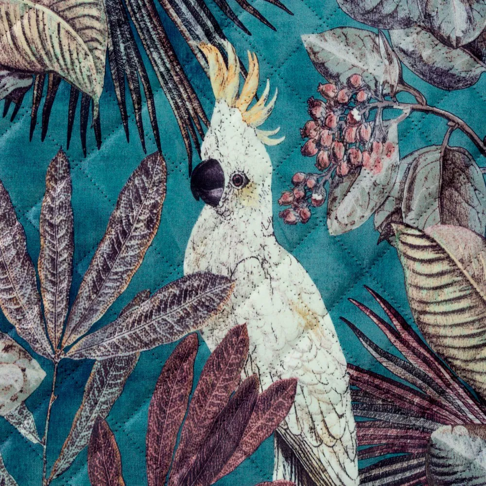 Narzuta dekoracyjna 170x210 Ara 1 turkusowa popielata botaniczna papuga liście kwiaty welwetowa Eurofirany