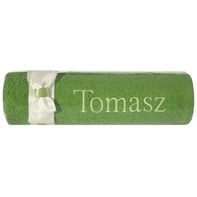 Ręcznik z haftem 50x90 Tomasz zielony kremowa kokarda na prezent imieninowy
