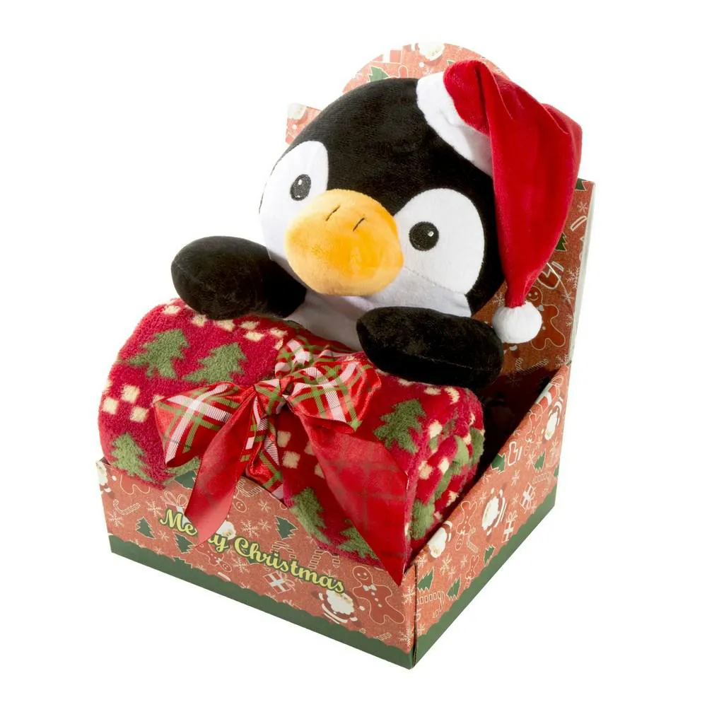 Komplet koc świąteczny 75x90 Gift 1 + zabawka pluszak pingwin Eurofirany