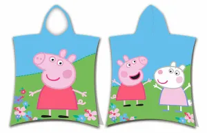 Poncho dla dzieci 50x115 Świnka Peppa Pig 7612 ręcznik z kapturem łąka kwiatki niebieski zielony