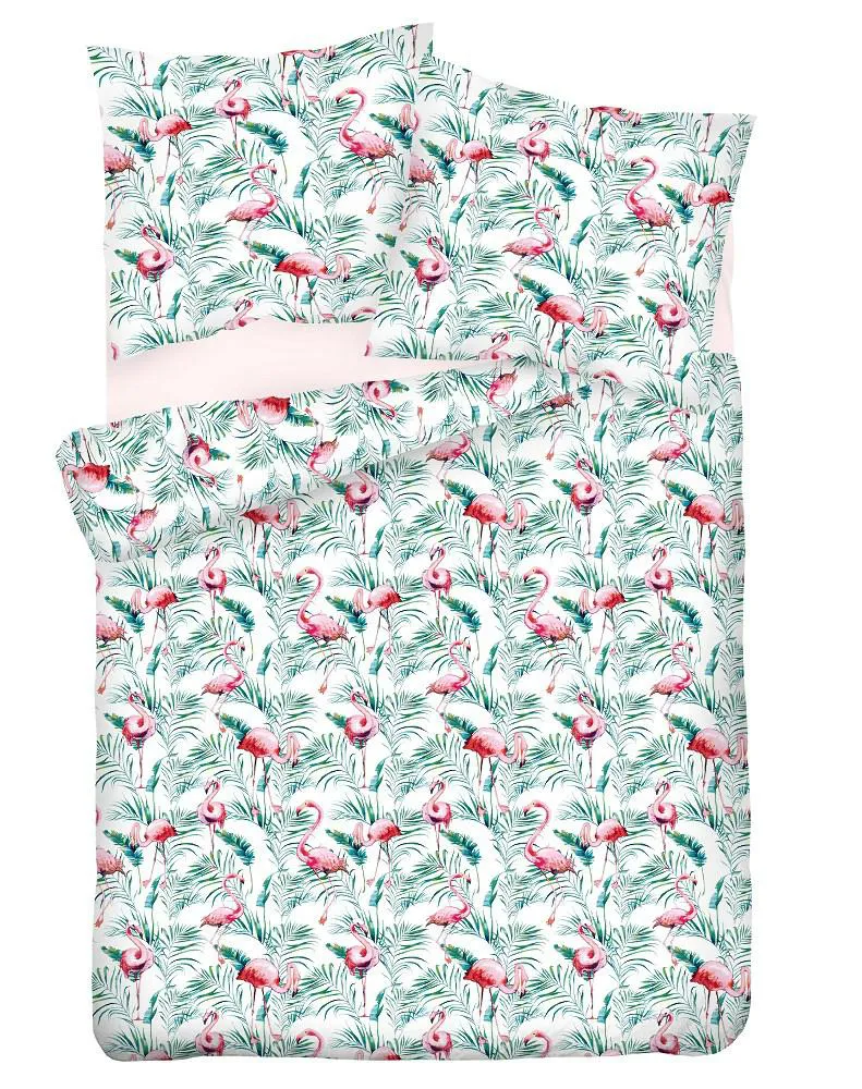 Pościel satynowa 140x200 15A Flamingi liście palmy biała zielona Premium