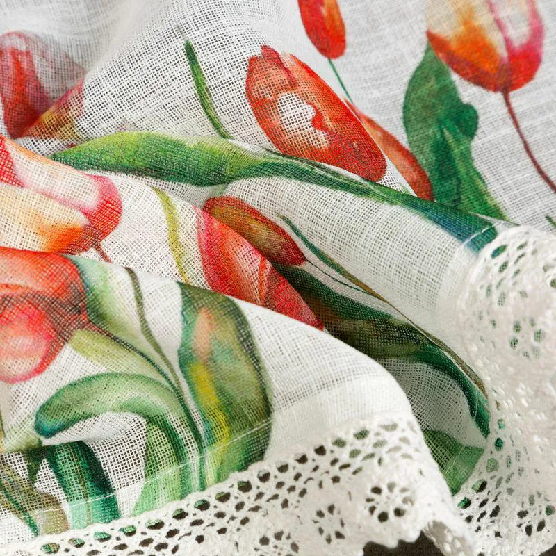 Zazdroska 60x150 Stella biała czerwona gotowa na tunel wzór kwiatowy tulipany z matowej tkaniny z koronką Eurofirany