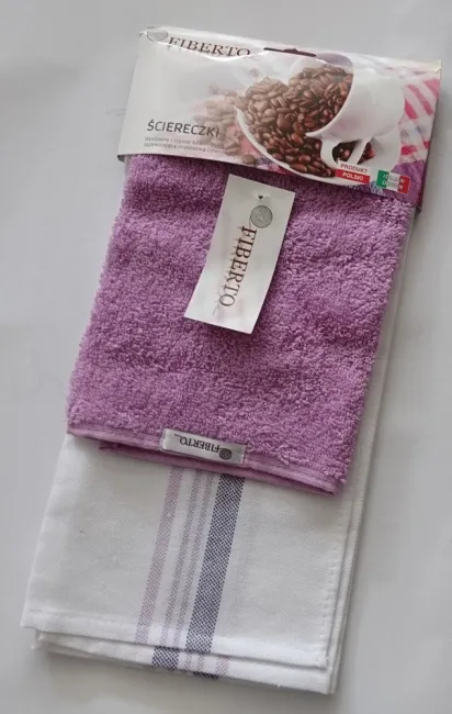 Komplet ścierek kuchennych Fiberto ścierka biała fioletowe paski 50x70 ręcznik fioletowy jasny 30x48 100% bawełny
