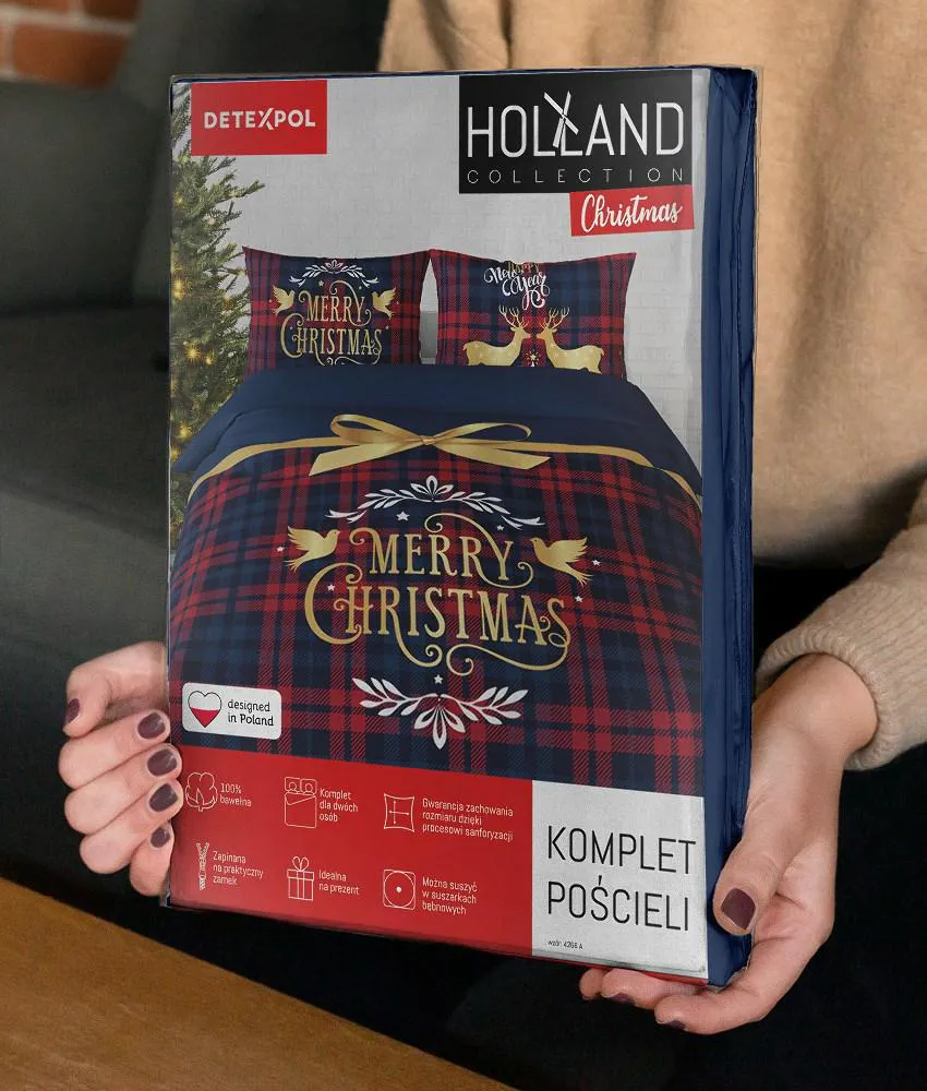 Pościel świąteczna 220x200 4266 A Merry   Christmas granatowa czerwona krata bawełniana Holland Święta 2022