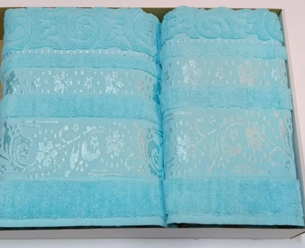Komplet ręczników Maniana 2 szt wytłaczany turkusowy ozdobna bordiura 50x100 70x140