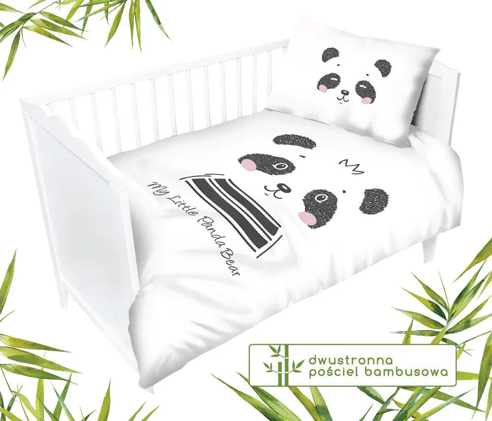 Pościel bambusowa 100x135 Miś Panda 3278 A biała miętowa do łóżeczka dwustronna poszewka 40x60