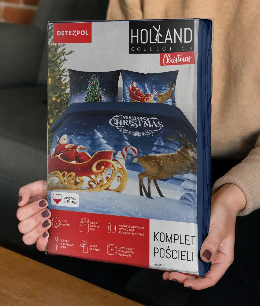 Pościel świąteczna 160x200 4267 A Merry   Christmas Mikołaj w saniach granatowa bawełniana Holland Święta 2022