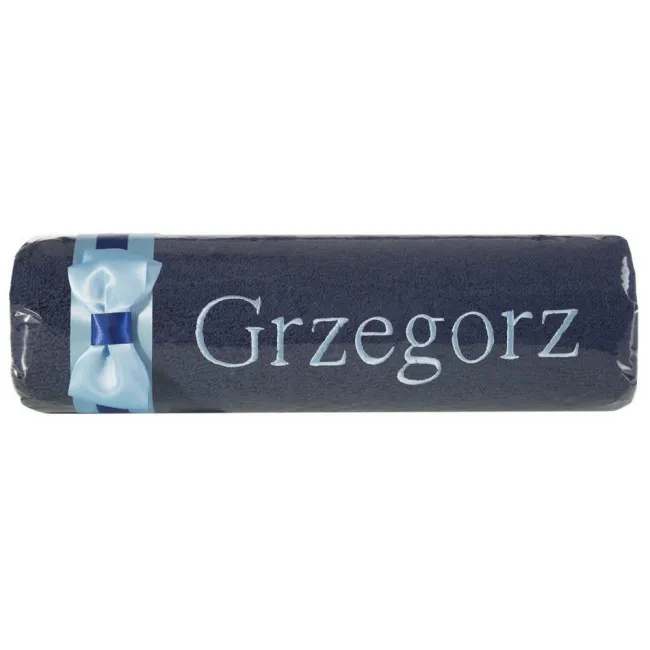 Ręcznik z haftem 50x90 Grzegorz granatowy błękitna kokarda na prezent imieninowy