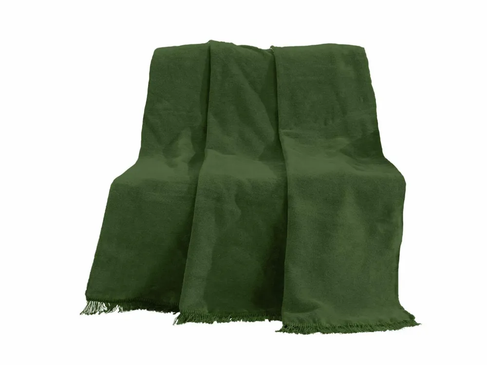 Koc bawełniany akrylowy 200x220 B740 zielony ciemny jednobarwny z frędzlami narzuta na łóżko 450g/m2