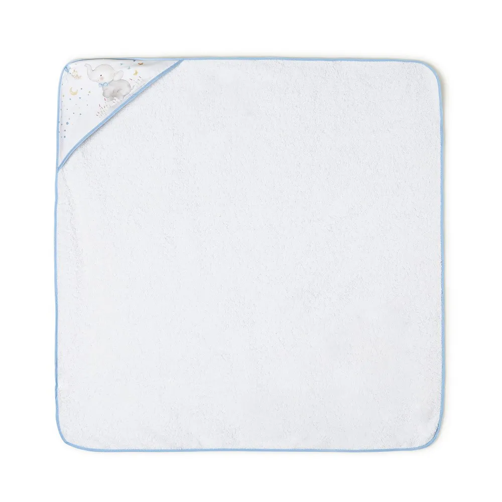 Okrycie kąpielowe 100x100 Słoń biały      niebieski ręcznik z kapturkiem bawełniany frotte