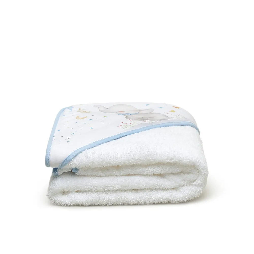 Okrycie kąpielowe 100x100 Słoń biały      niebieski ręcznik z kapturkiem bawełniany frotte