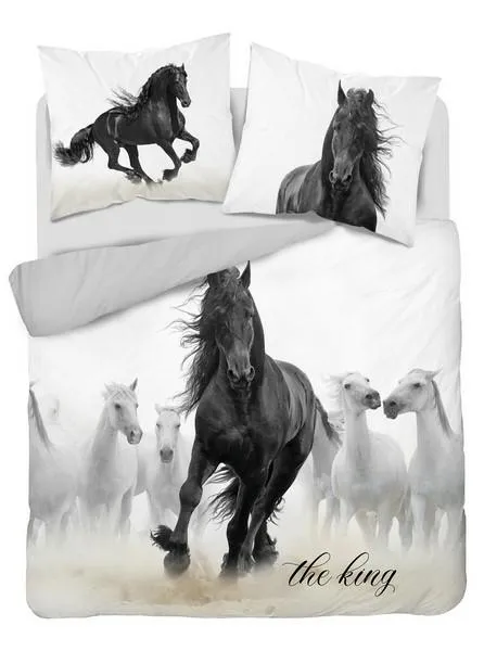 Pościel bawełniana 160x200 3820 A Czarny Koń konie biała szara młodzieżowa konik kucyk horse Holland Natura 2