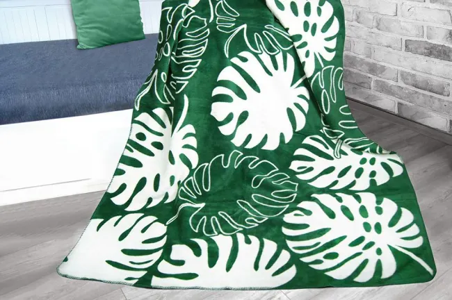 Koc bawełniany akrylowy 150x200 monstery liście Verde zielony ekri Glamour Greno