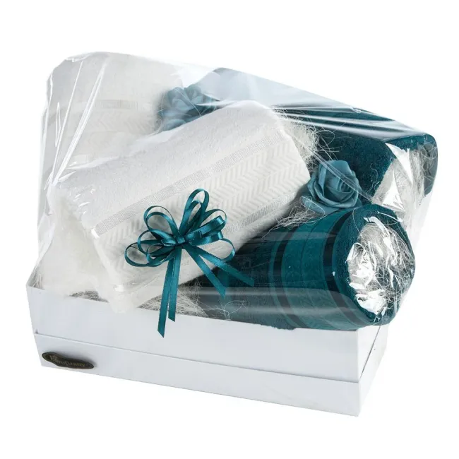 Komplet ręczników 4szt T/0377 kremowy turkusowy ciemny zestaw upominkowy w pudełku na prezent Eurofirany