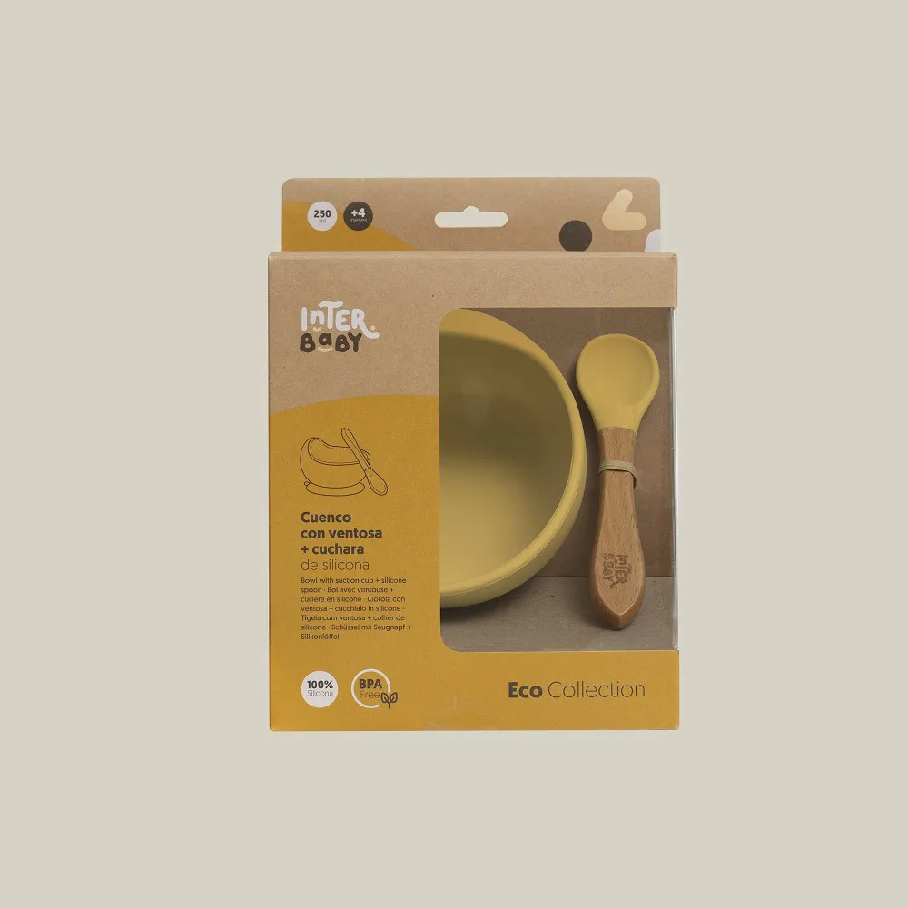 Miska z przyssawką + łyżka silikonowa     żółta do nauki jedzenia