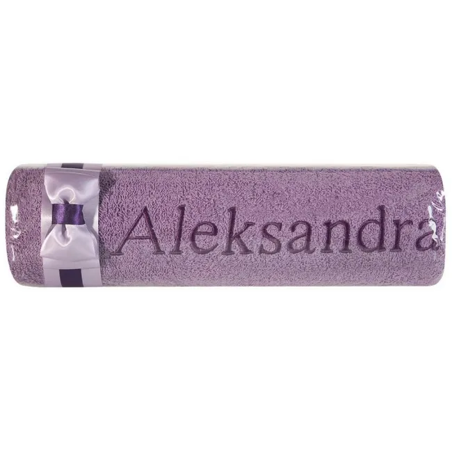 Ręcznik z haftem 50x90 Aleksandra fioletowy wrzosowa kokarda na prezent imieninowy