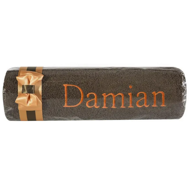 Ręcznik z haftem 50x90 Damian brązowy pomarańczowa kokarda na prezent imieninowy
