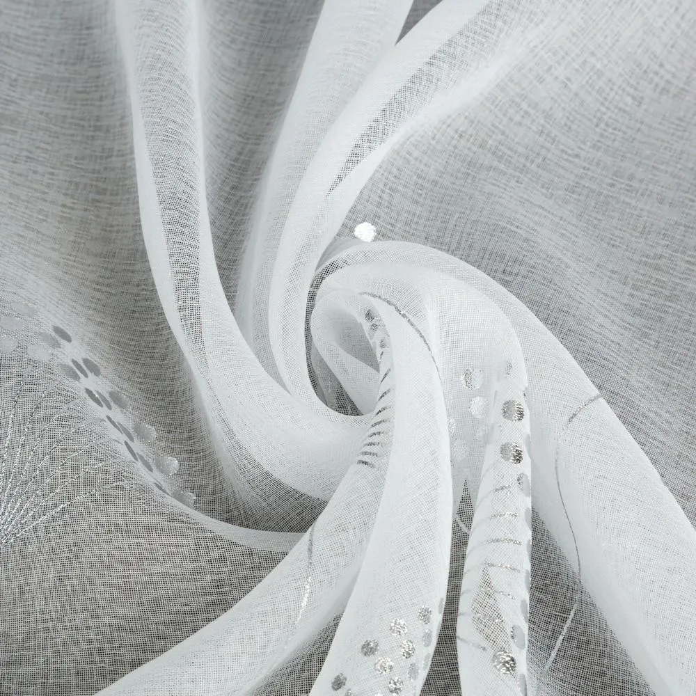 Firana 300x250 Arles biała srebrna gotowa na przelotkach kwiatowy wzór w dolnej części Eurofirany