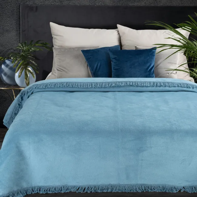 Koc bawełniany akrylowy 150x200 Akryl 7 niebieski jednobarwny z frędzlami Premium narzuta na łóżko Eurofirany