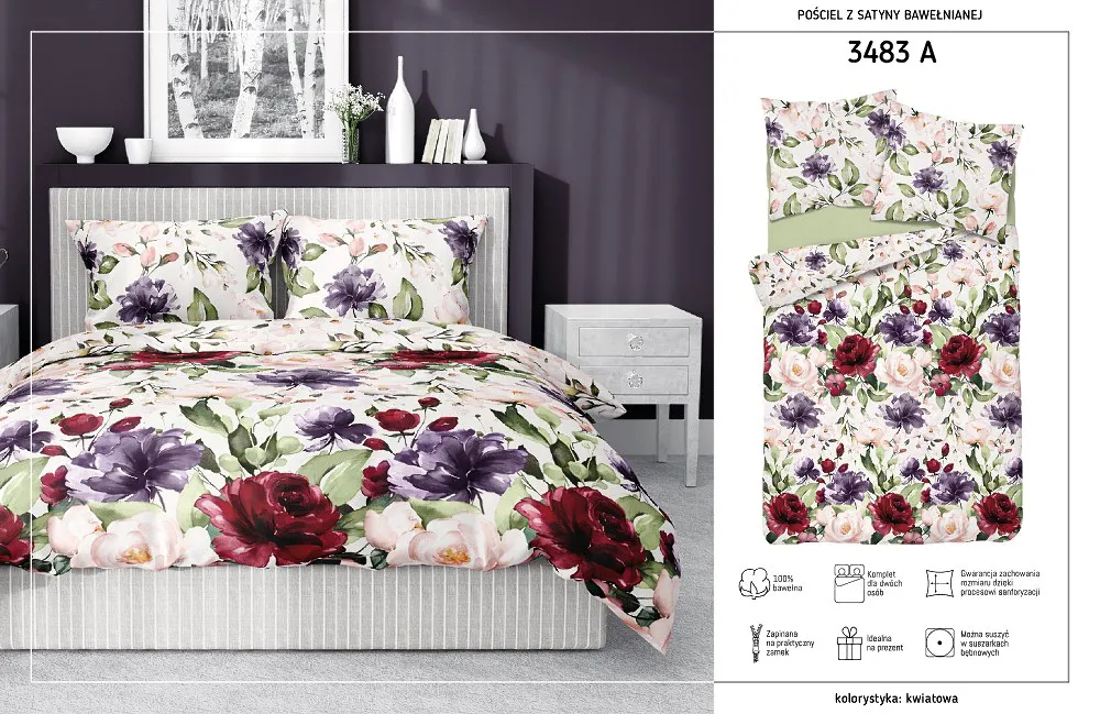 Pościel satynowa 220x200 3483 A pudrowa fioletowa bordowa w pudełku Kwiaty malowane Fashion Satin satyna bawełniana