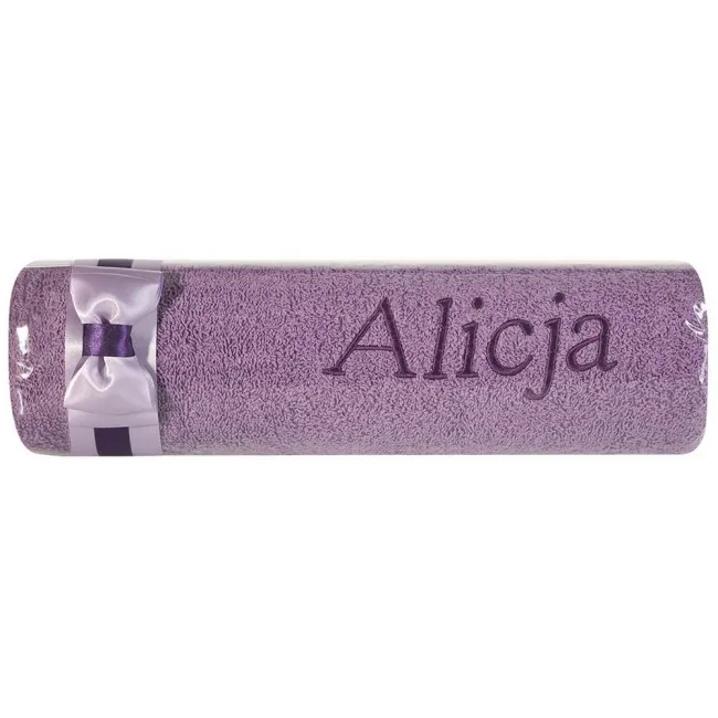 Ręcznik z haftem 50x90 Alicja fioletowy wrzosowa kokarda na prezent imieninowy