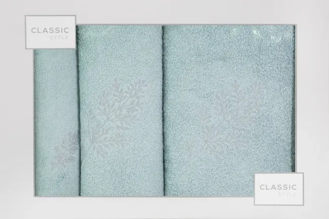 Komplet ręczników w pudełku 3 szt miętowy srebrny kwiatki 380g/m2 Kamil Eurofirany