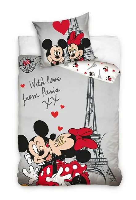 Pościel bawełniana 140x200 Myszka Mini Miki Minnie Mickey Mouse wieża Eiffla Paris Paryż szara czerwona 0327 poszewka 70x90