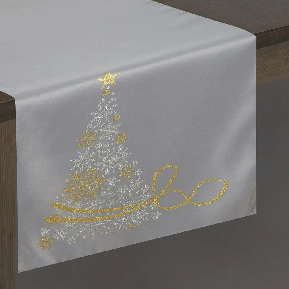 Obrus bieżnik świąteczny 40x140 Aspazy srebrny choinka śnieżynki złote srebrne Eurofirany