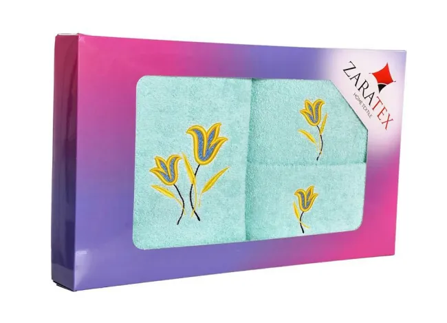 Komplet ręczników w pudełku 3 szt kwiaty Tulipan miętowy 30x50, 50x90, 70x140 400g/m2