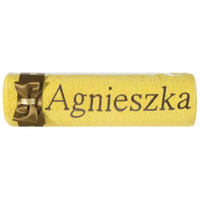 Ręcznik z haftem 50x90 Agnieszka żółty brązowa kokarda na prezent imieninowy