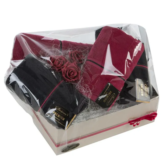 Komplet ręczników 4szt T/0401 czarny czerwony zestaw upominkowy w pudełku na prezent Eurofirany