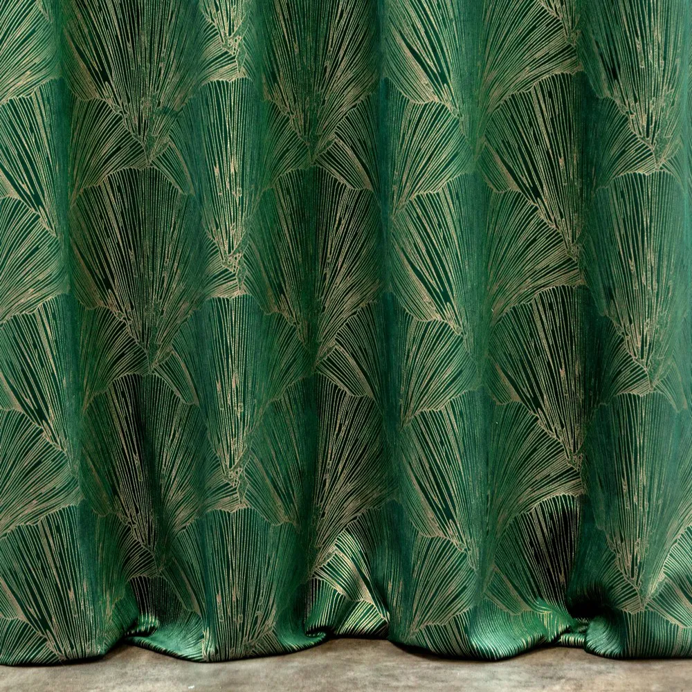 Zasłona 140x250 Goja zielona ciemna liście miłorzębu na przelotkach Pierre Cardin z błyszczącym nadrukiem Eurofirany